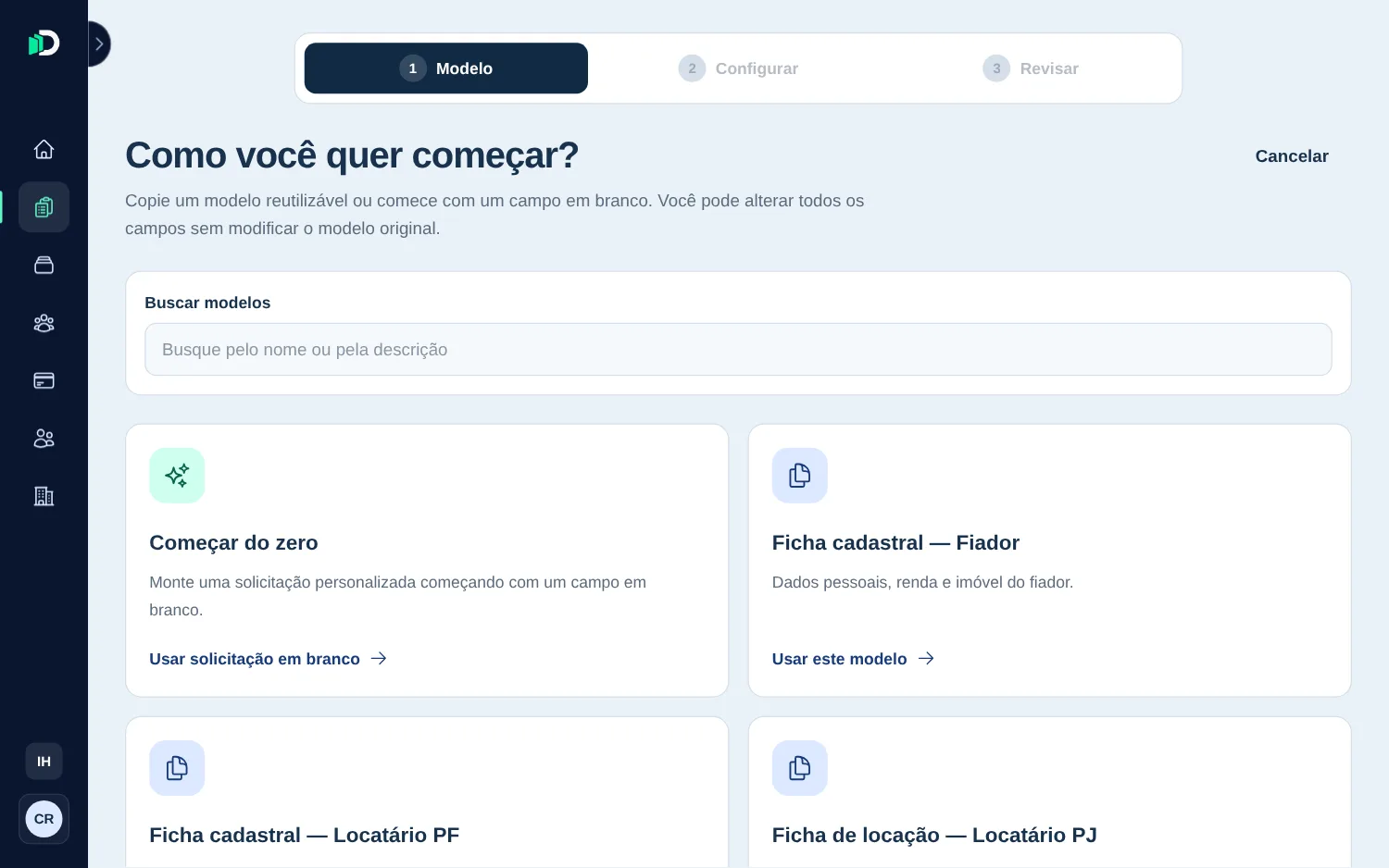 Início de uma nova solicitação, com a opção de começar do zero ou usar um dos modelos da imobiliária.