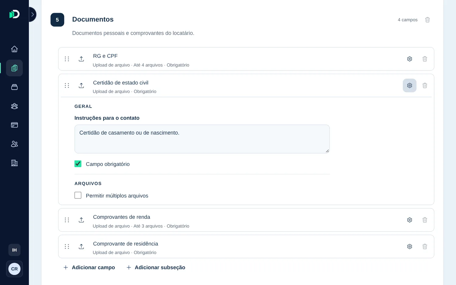 Montagem de uma ficha cadastral: seção Documentos com campos de envio de arquivo, instruções para o contato e a opção de campo obrigatório.