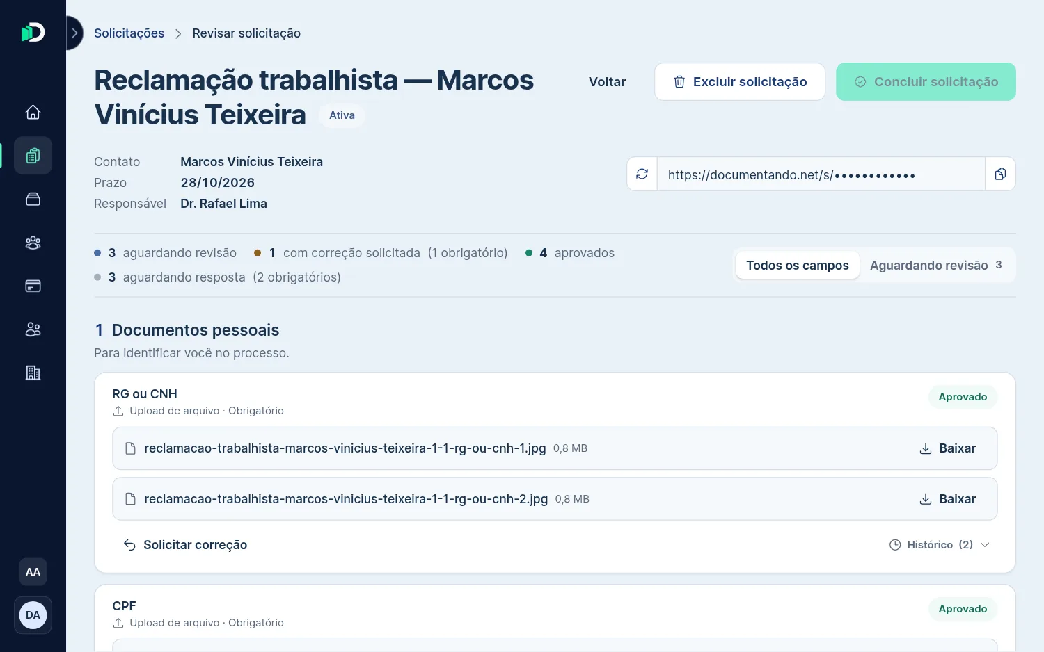 Solicitação de reclamação trabalhista com contato, prazo e responsável, e o resumo dos itens aguardando revisão, com correção solicitada, aprovados e aguardando resposta.