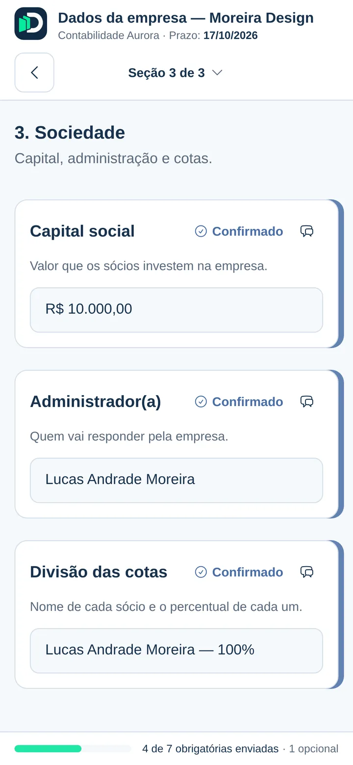 Ficha Dados da empresa no celular, na seção Sociedade, com capital social de R$ 10.000,00, administrador e divisão das cotas preenchidos e confirmados.