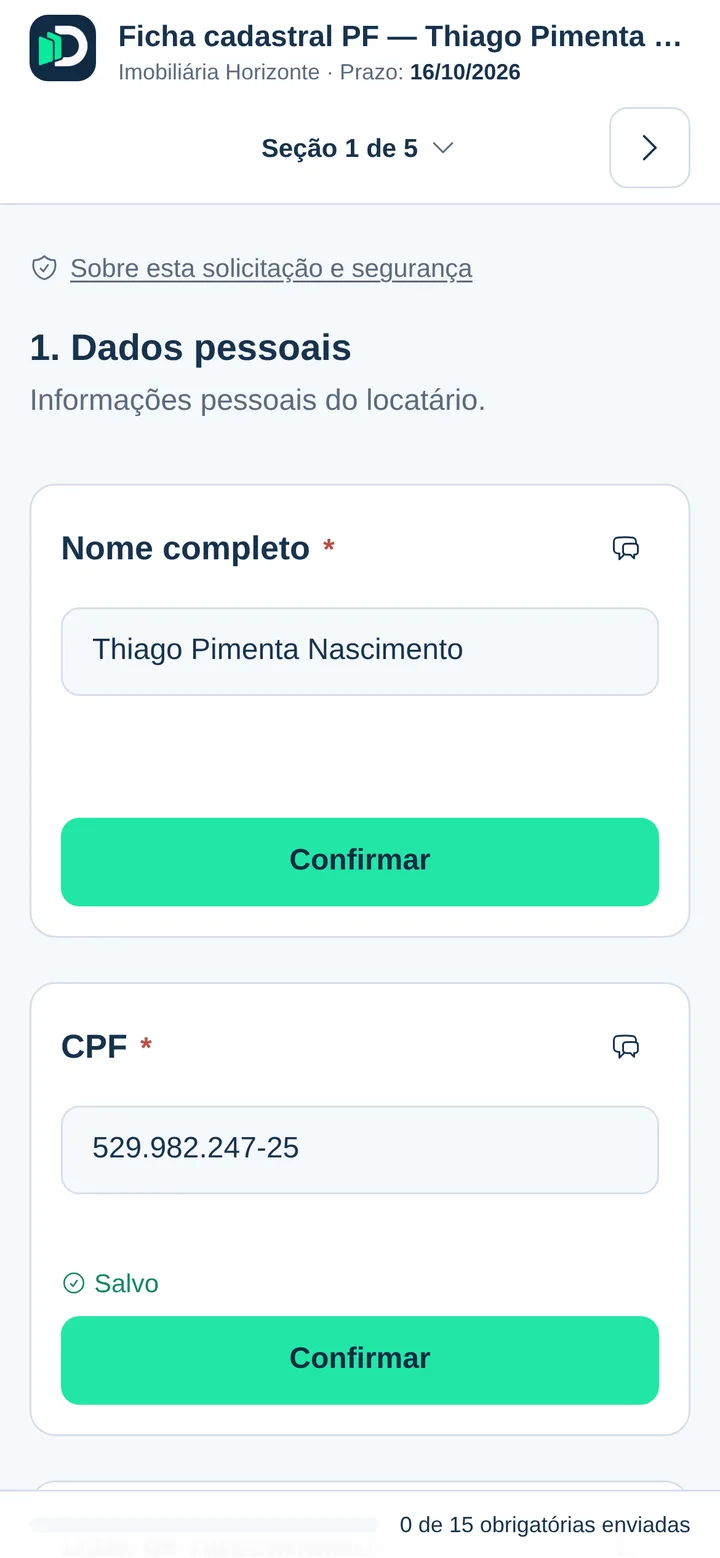 Ficha cadastral do locatário aberta no celular, com o nome preenchido e o CPF formatado e salvo automaticamente.